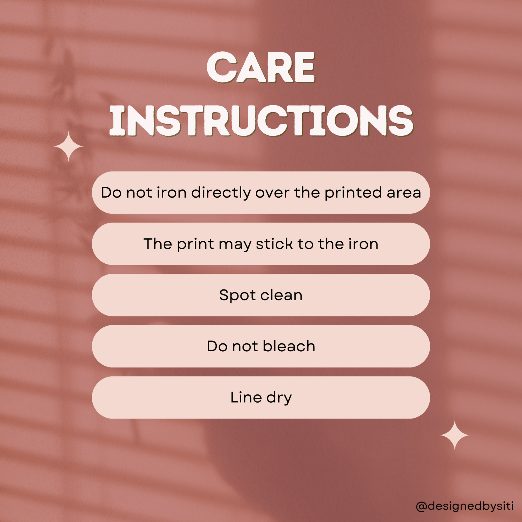 Care instructions text on a blurred background