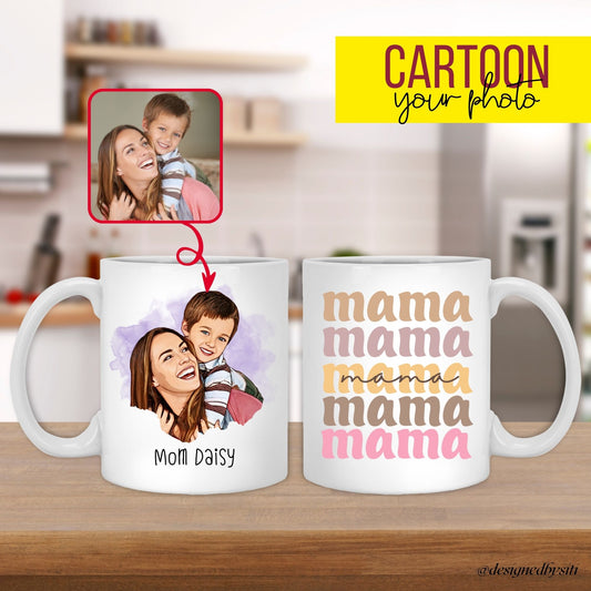 Personalized cartoon photo mama mug featuring a mother and baby illustration with the personalised text "Mom Daisy" where you can put your own preferred name or text such as "Happy Birthday Mom". A perfect mothers day mug and thoughtful gift for mom.