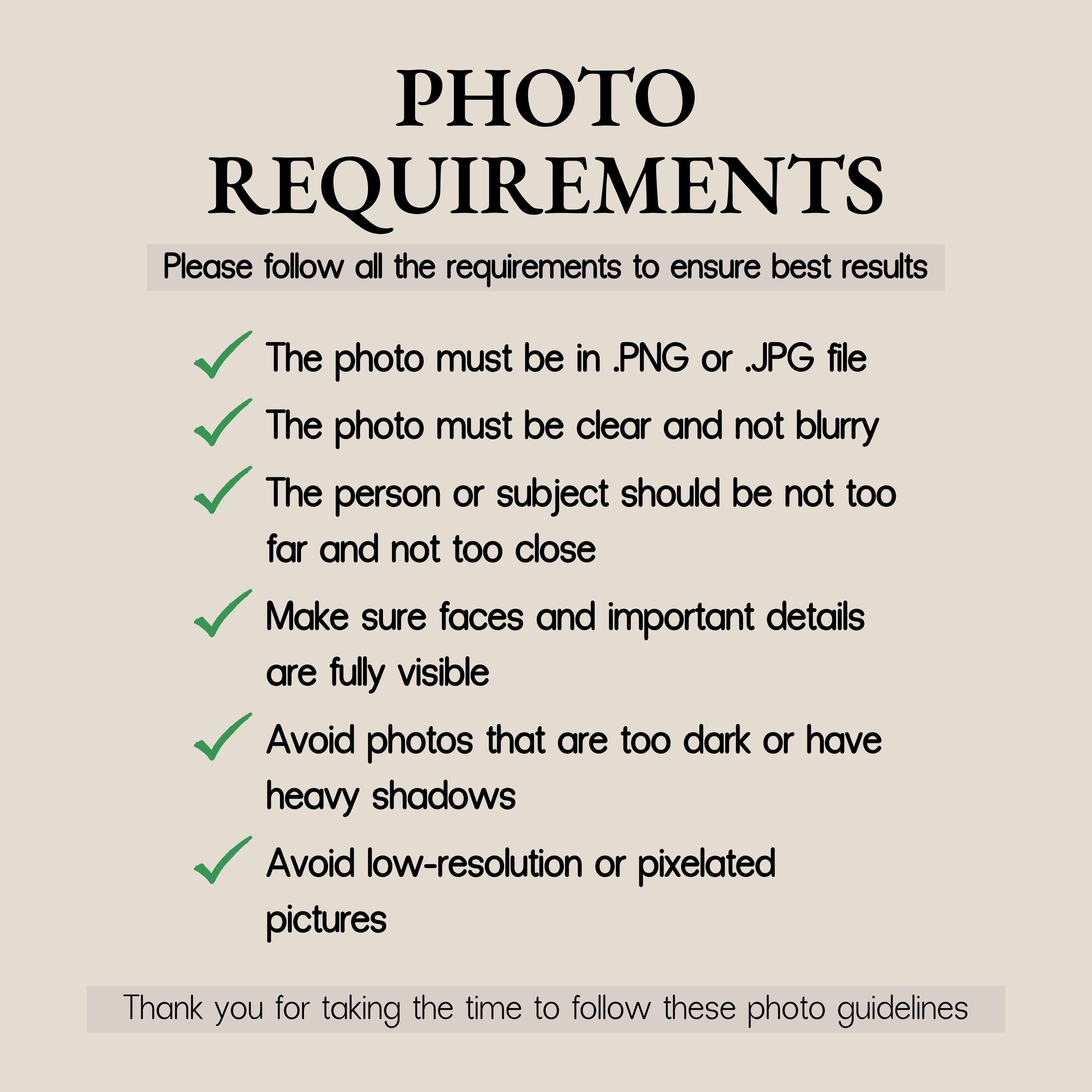 Text detailing photo requirements on a beige background