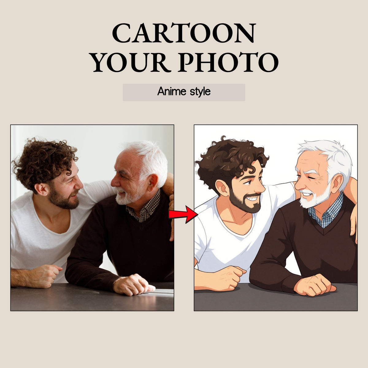 Before and after comparison of two men sitting together, with the after image cartooned in anime style.