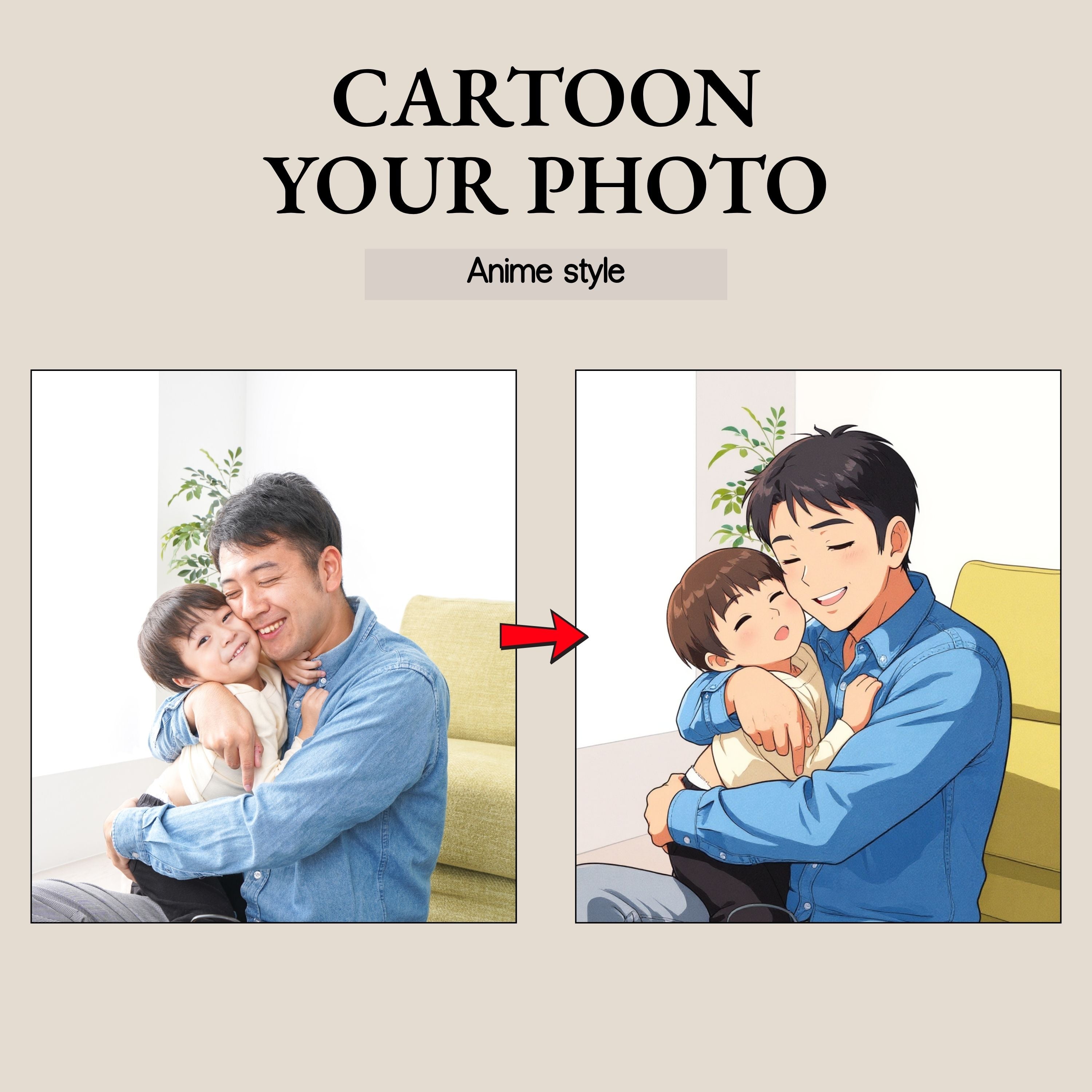 Before and after comparison of a photo being turned into an anime-style cartoon.