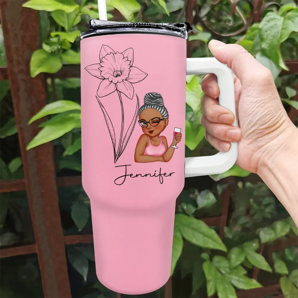 Custom stainless steel tumbler with a handle, name personalization, and birth month flower design.