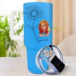 Personalized drink tumbler for women with floral sketch design and leopard outfit girl graphic.