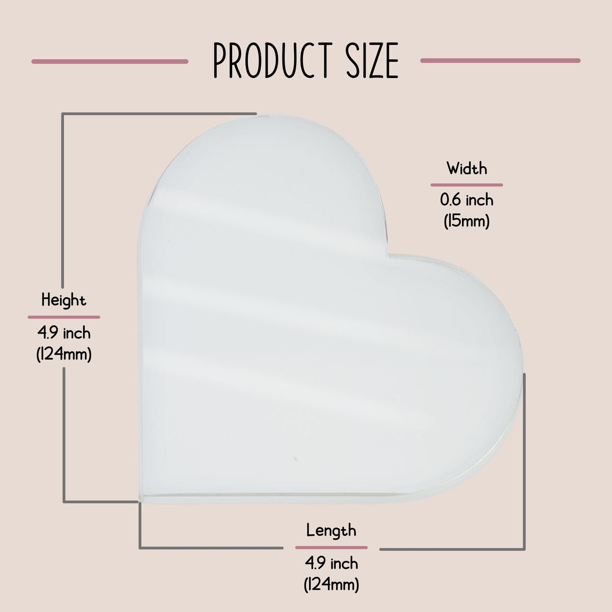 Heart-shaped product with dimensions labeled on a beige background