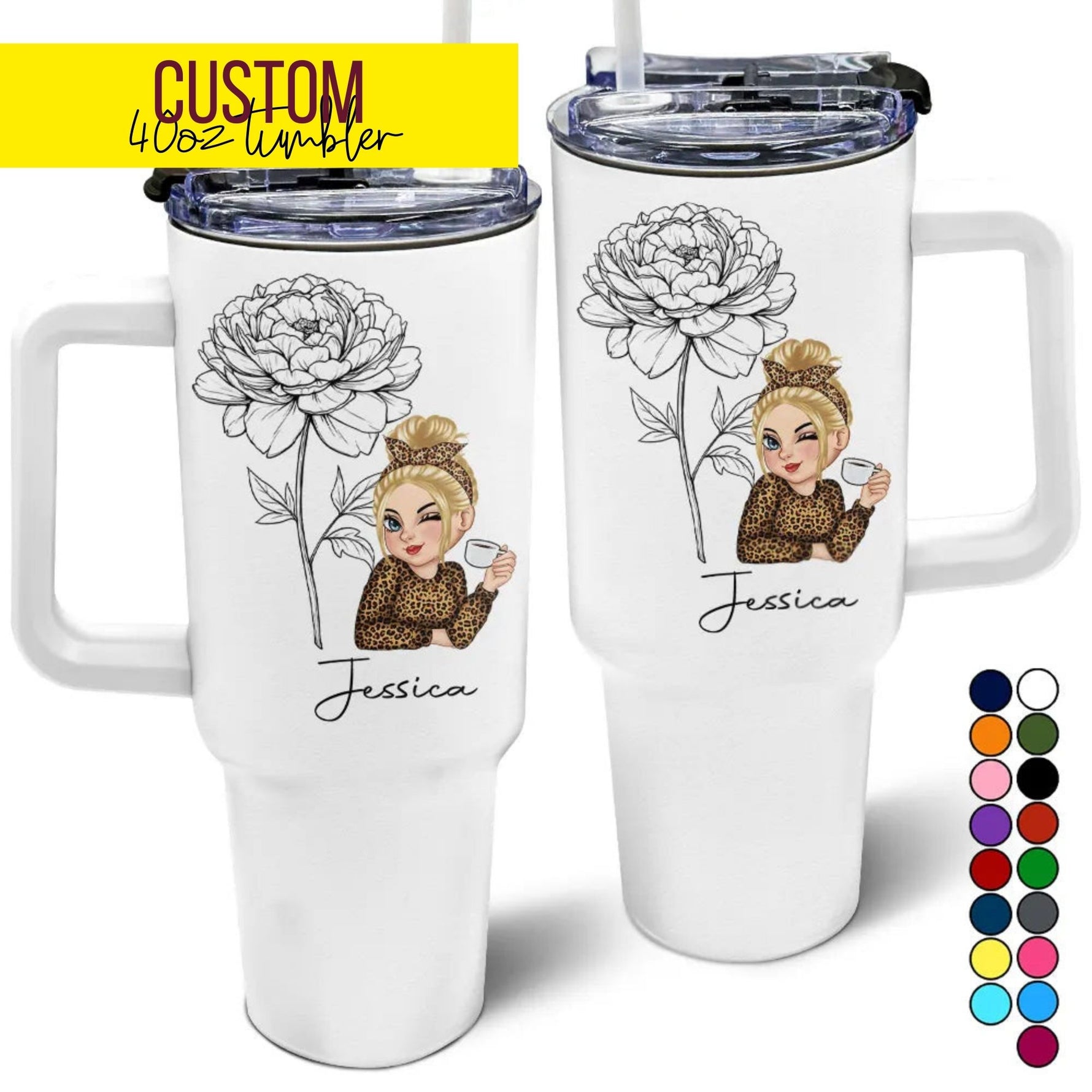 A personalized 40oz tumbler featuring a floral sketch and a girl’s illustration with the name “Jessica.”