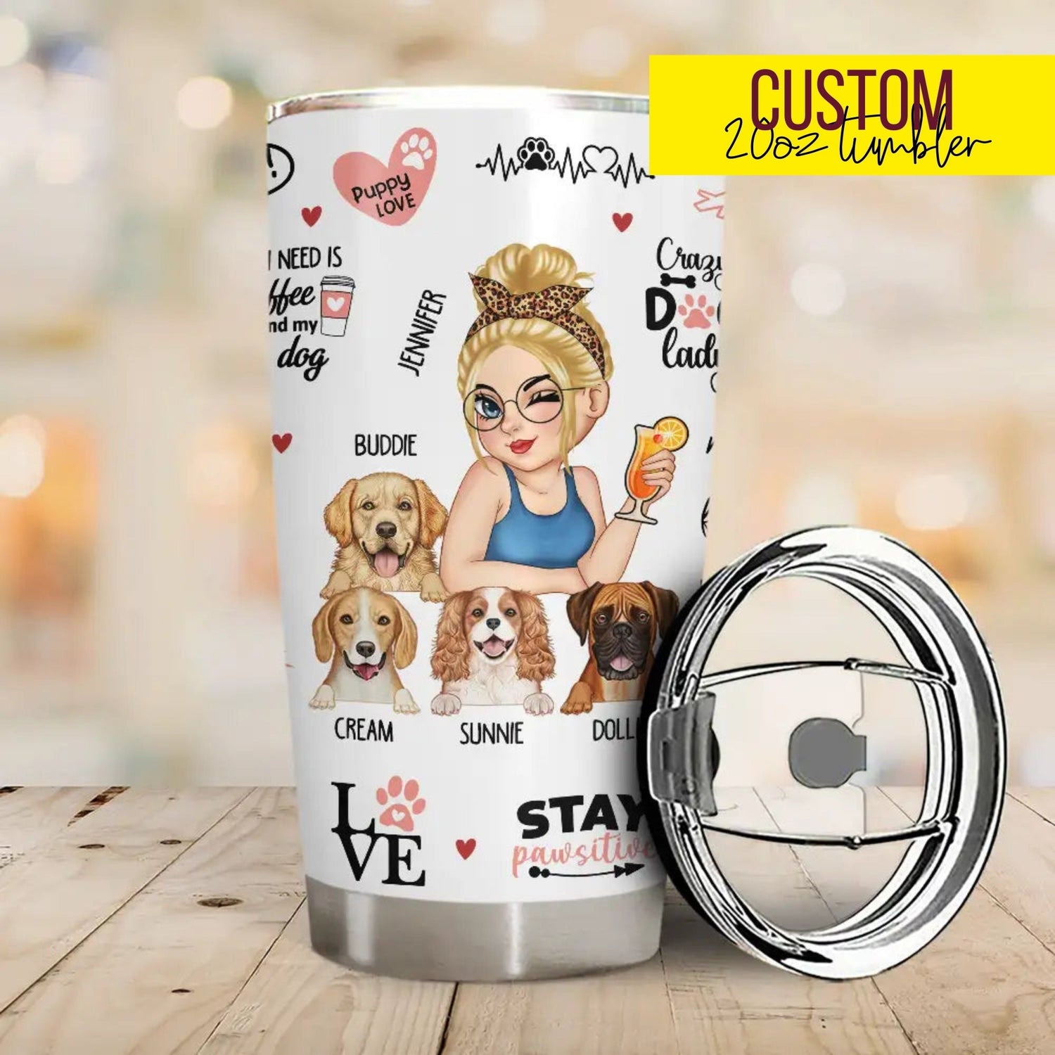 Custom tumbler for dog moms with cartoon woman and puppies