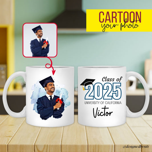 Cartoon graduation mug with personalized photo and name