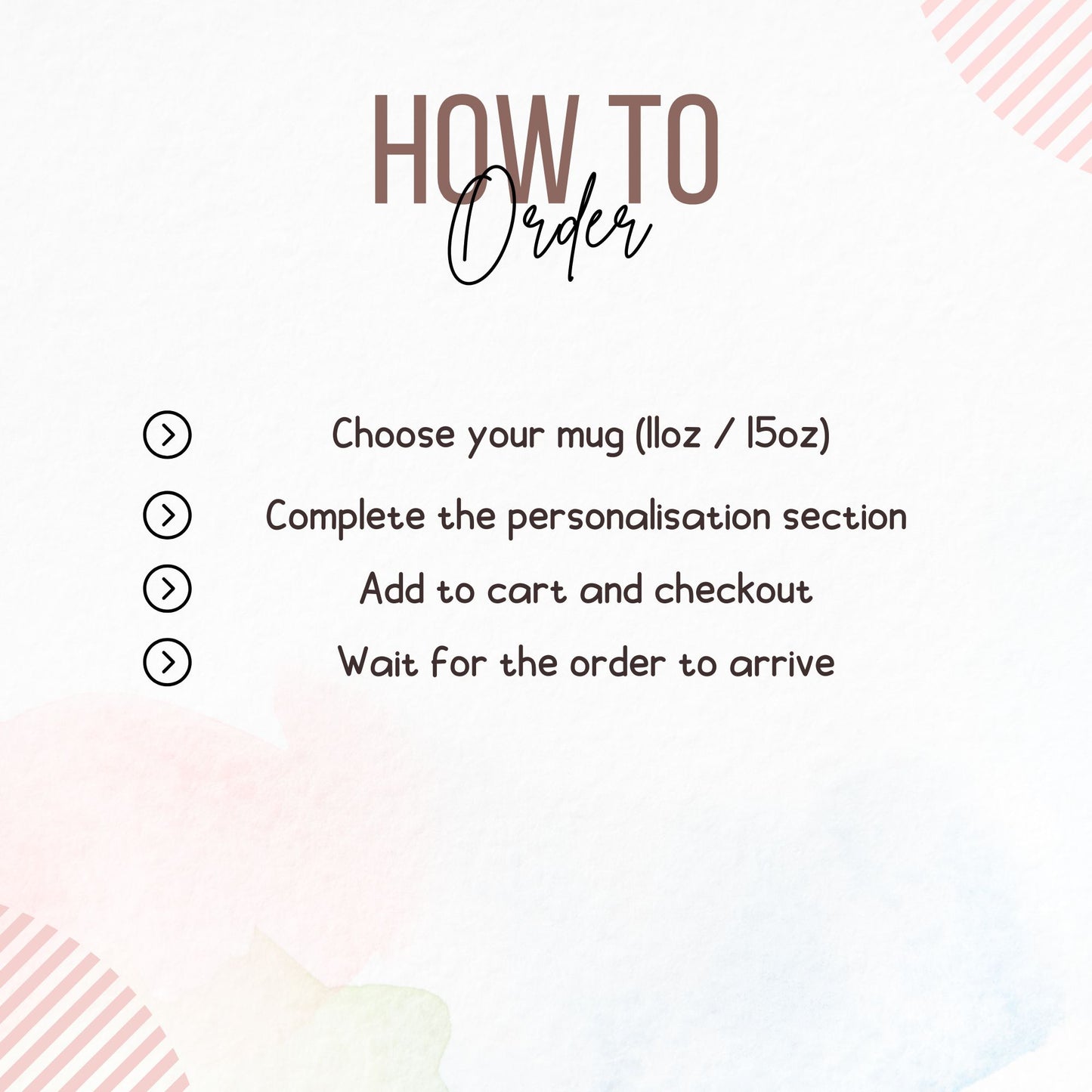 Instructions for ordering a mug with a pink and white gradient background