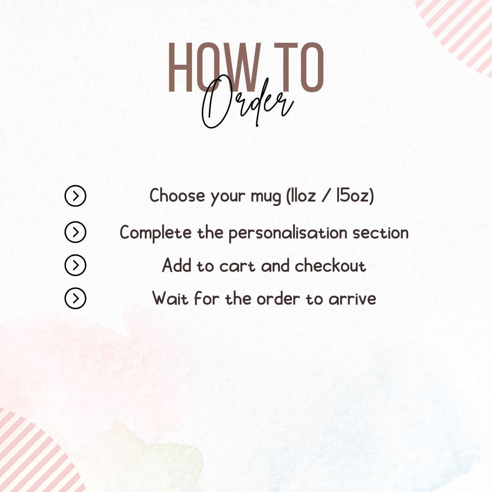 Instructions for ordering a mug with a pink and white gradient background