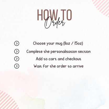 Instructions for ordering a mug with a pink and white gradient background