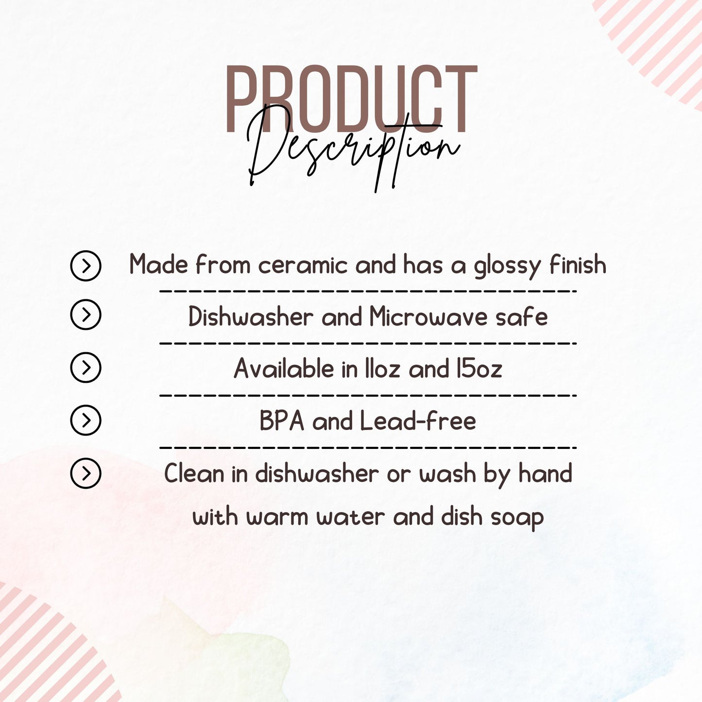 Product description text on a light background with decorative elements