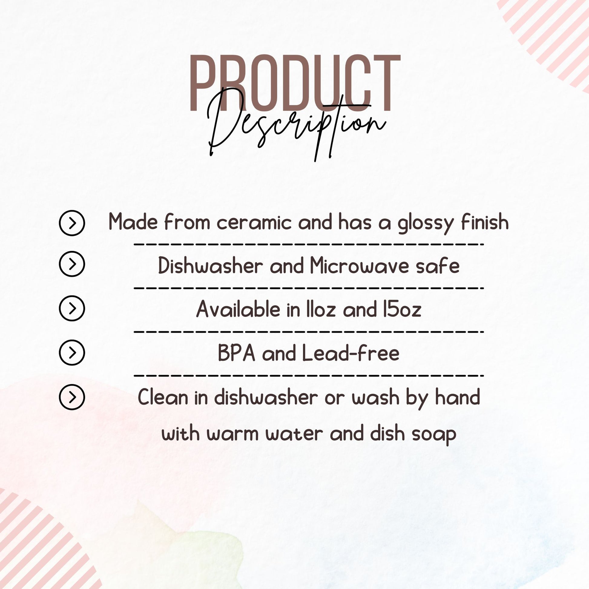 Product description text on a light background with decorative elements