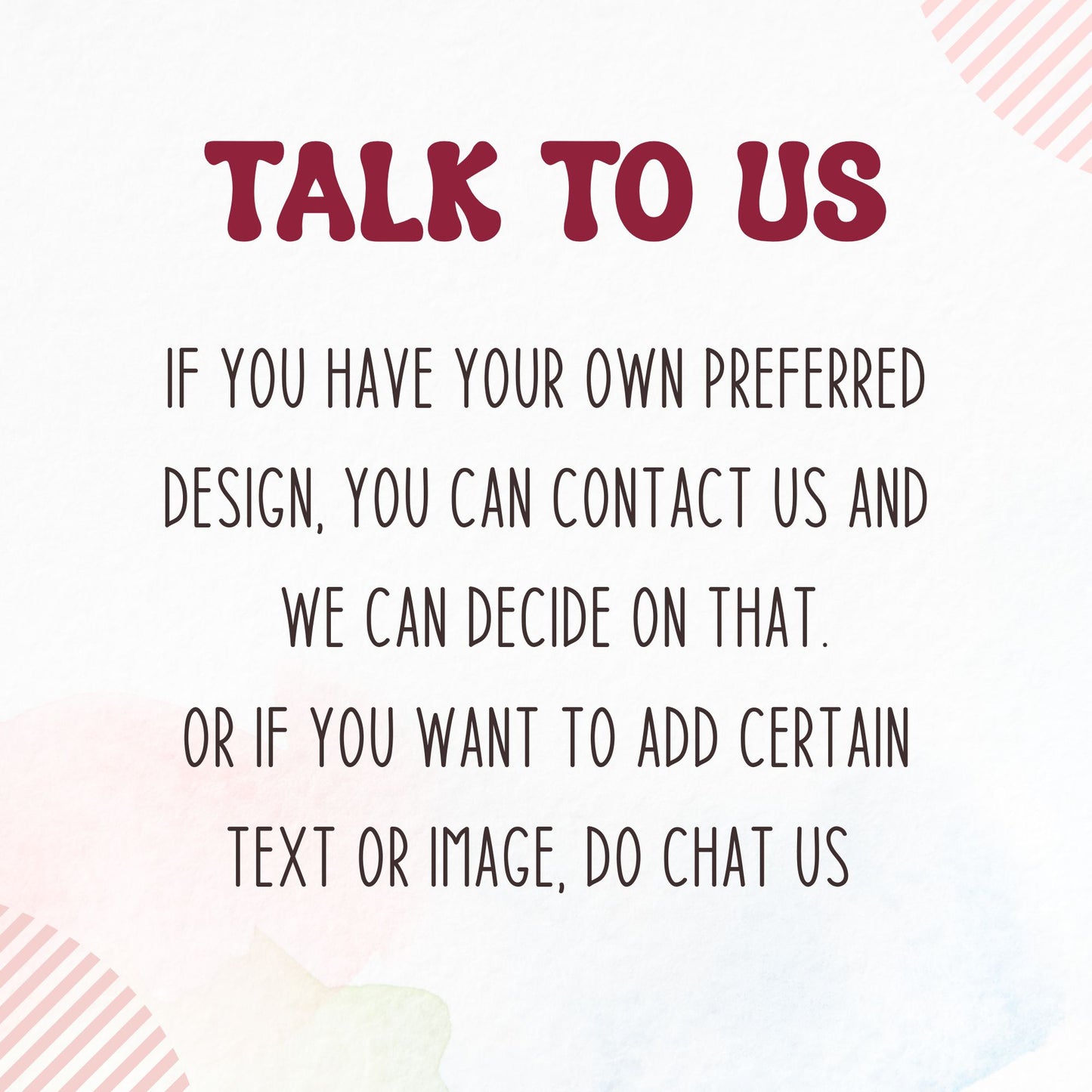 Text on a light background with 'Talk to Us' and contact information.
