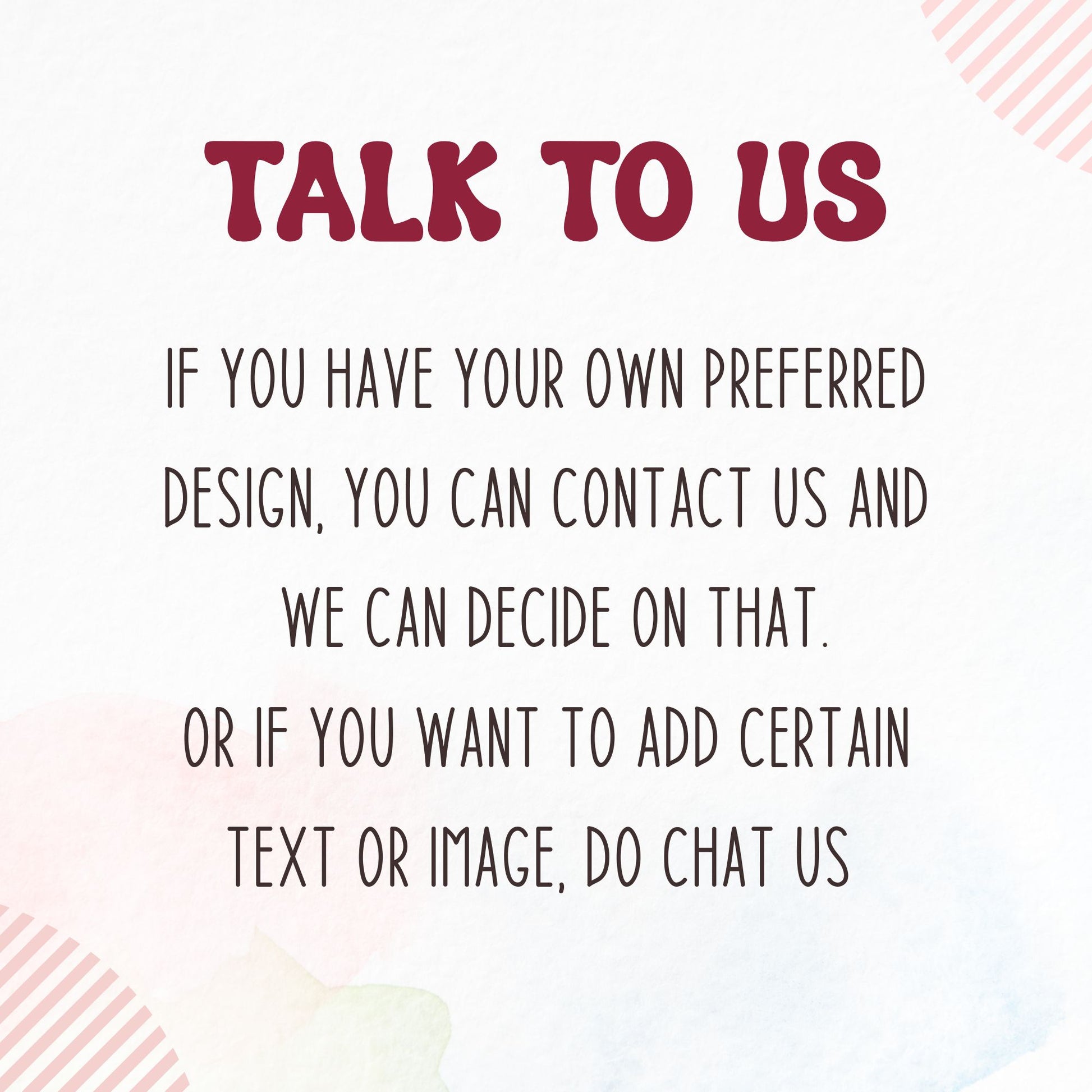 Text on a light background with 'Talk to Us' and contact information.