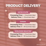 Product delivery time information chart with processing and delivery times for United States, Canada, and worldwide on a pink background.