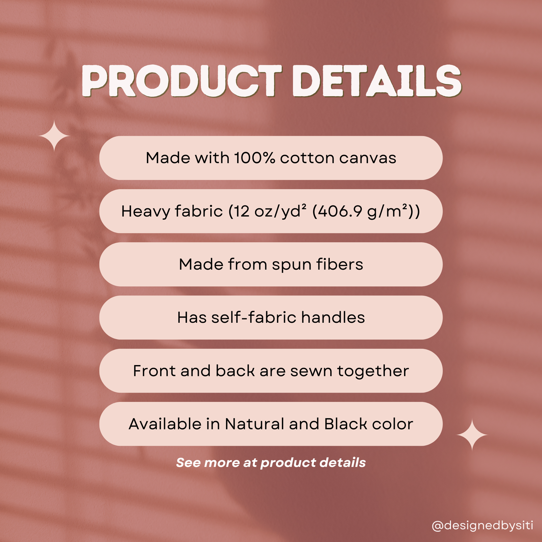Product details of a fabric item on a textured background