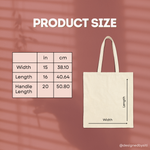 Beige tote bag with measurement chart on a pink background