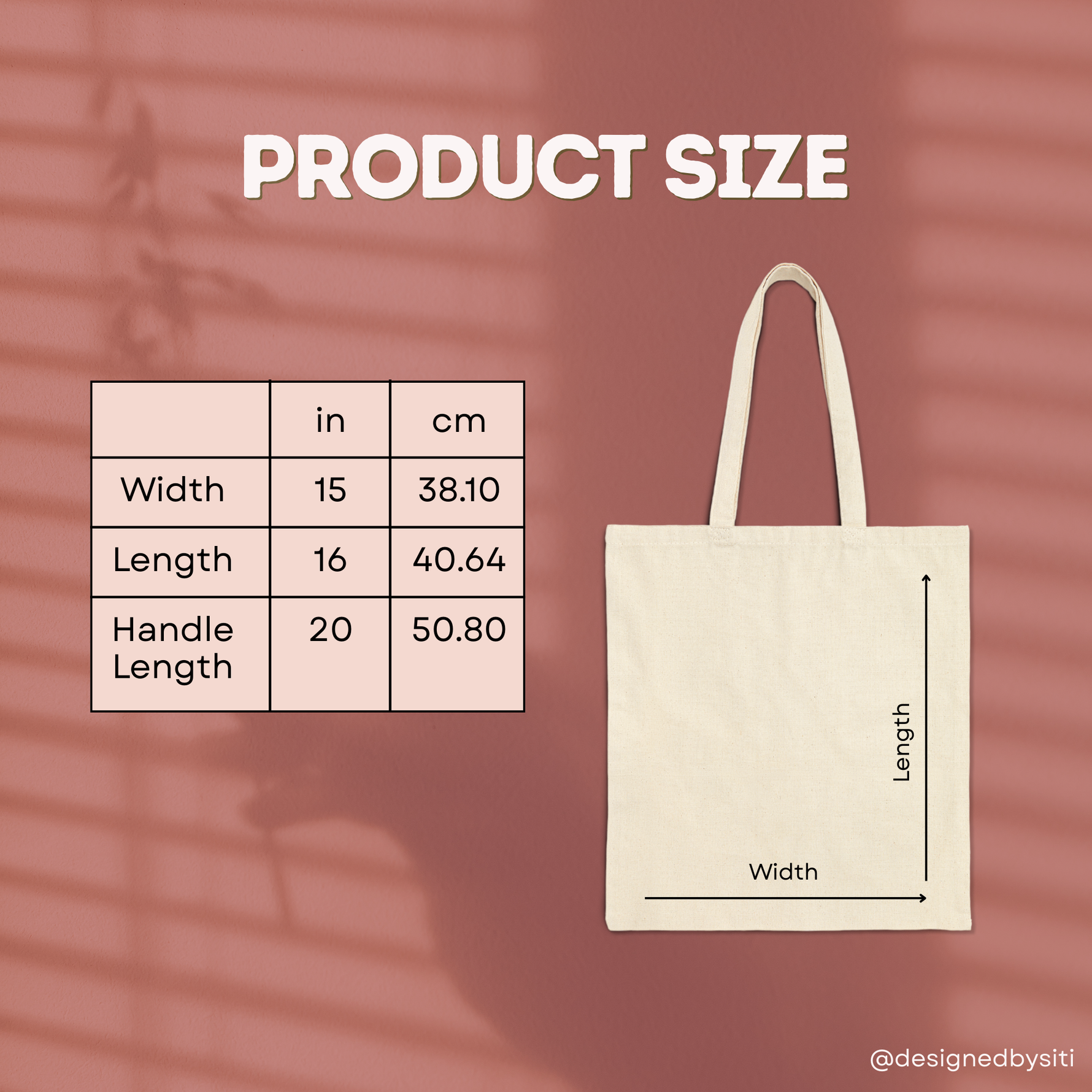 Beige tote bag with measurement chart on a pink background