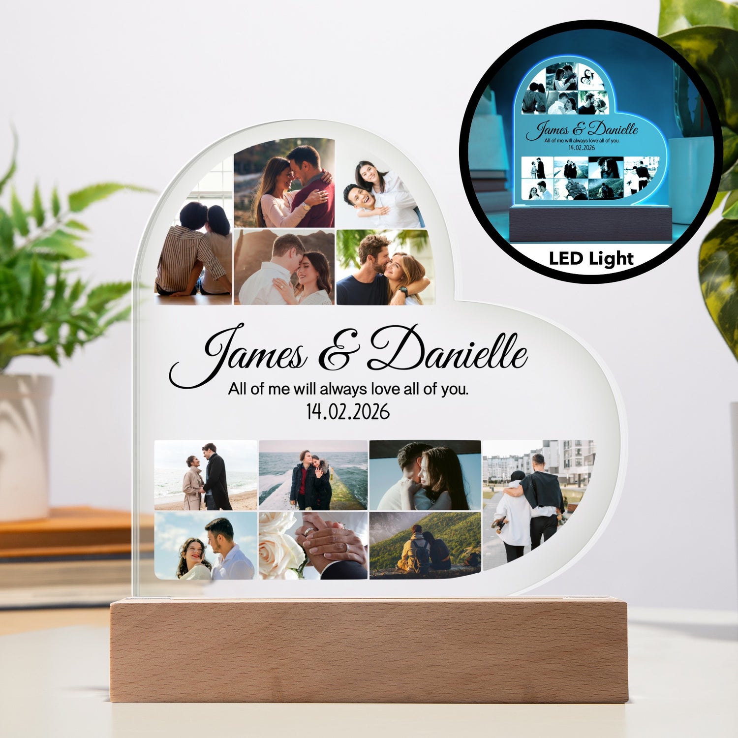 Personalized LED Heart Photo Collage Plaque - Custom Acrylic with Names & Date