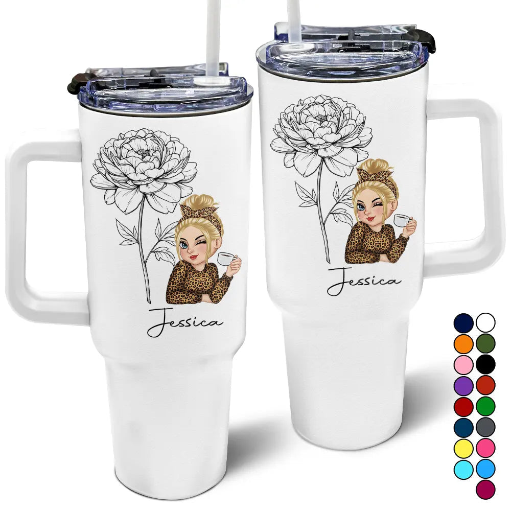 Custom insulated tumbler gift with name, flower art, and character illustration on white background.