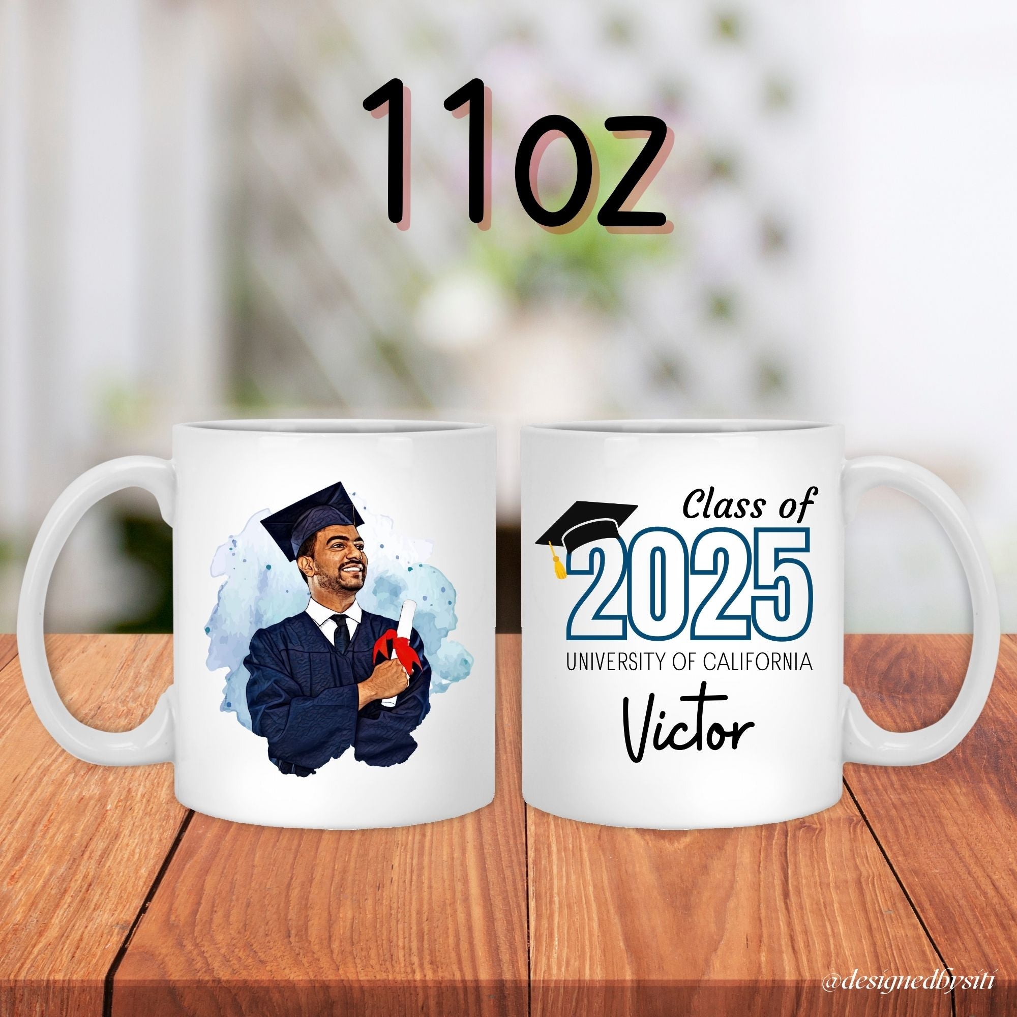 Graduation mug with custom name and cartoon image