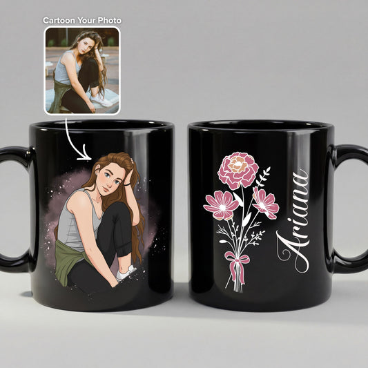 Personalized Cartoon Portrait Mug - Custom Photo with Name & Floral