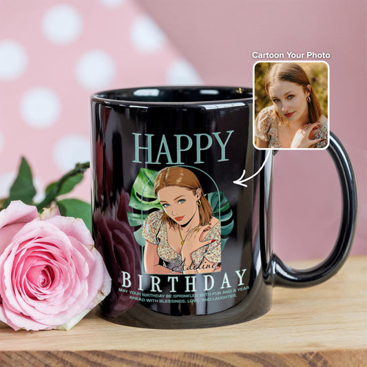Happy Birthday Personalized Mug - Custom Cartoon Photo with Name & Message