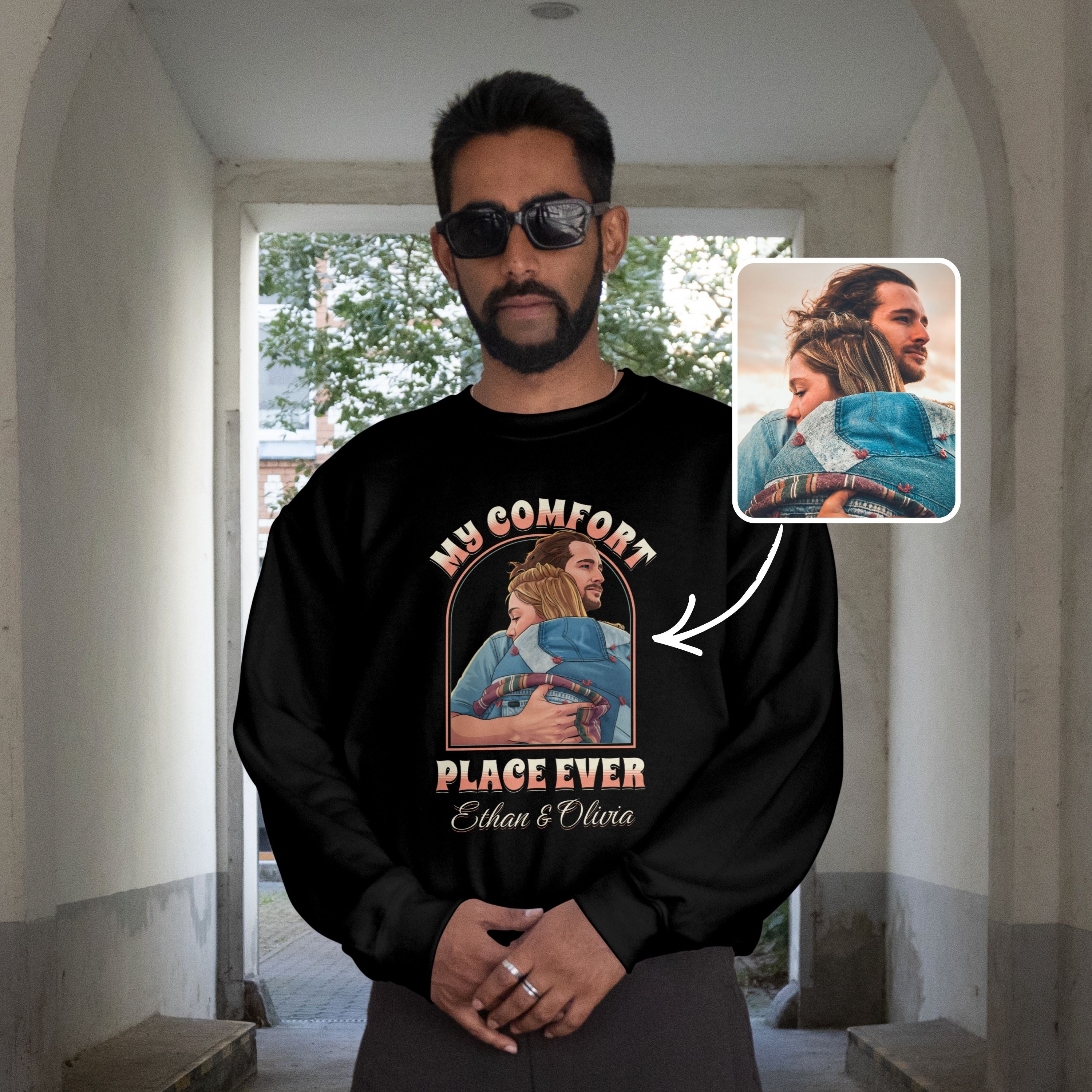 My Comfort Place Personalized Couple Sweatshirt - Custom Cartoon Photo Sweater