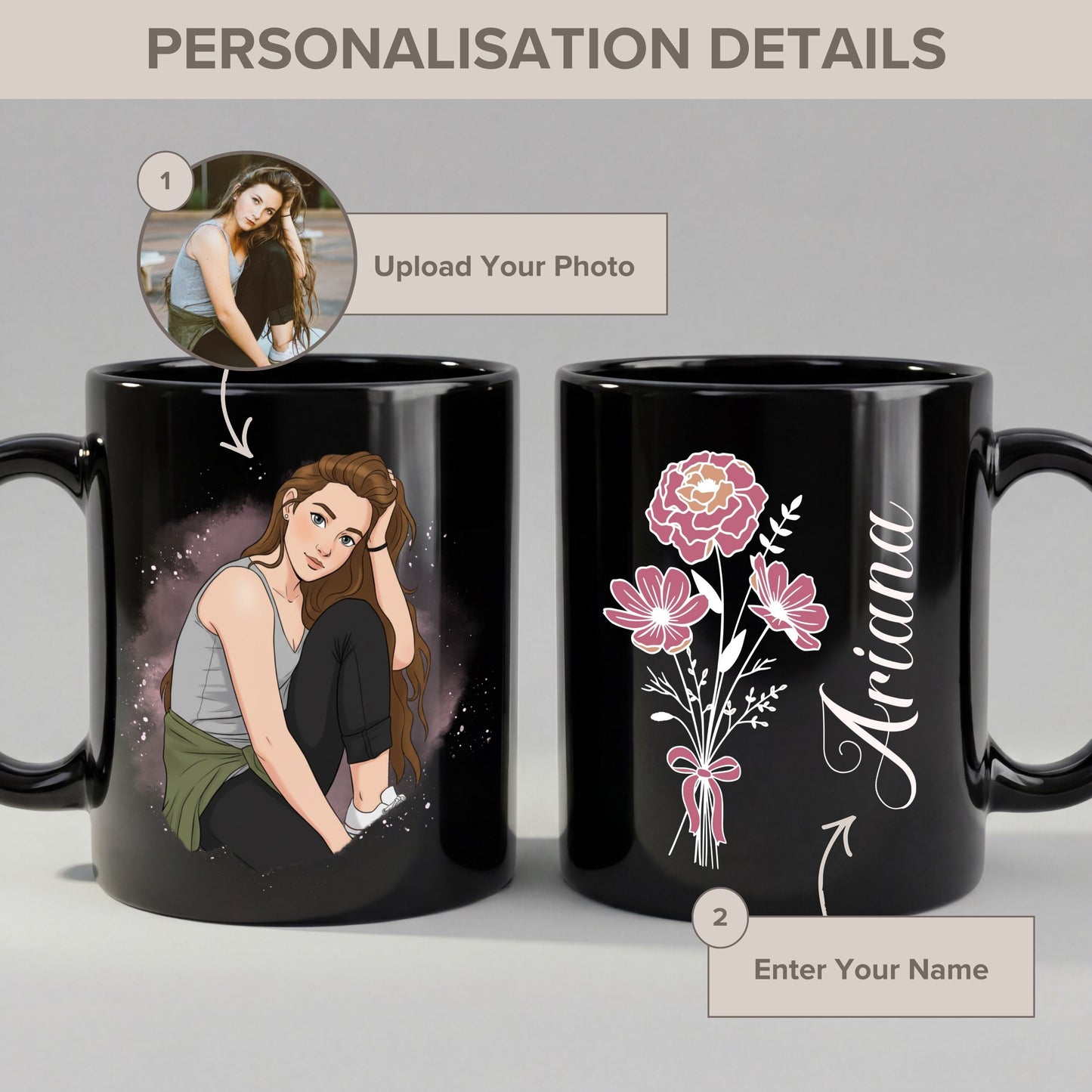 Personalized Cartoon Portrait Mug - Custom Photo with Name & Floral