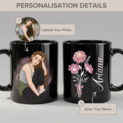 Personalized Cartoon Portrait Mug - Custom Photo with Name & Floral