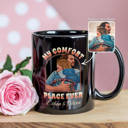 My Comfort Place Personalized Couple Mug - Custom Cartoon Photo with Names