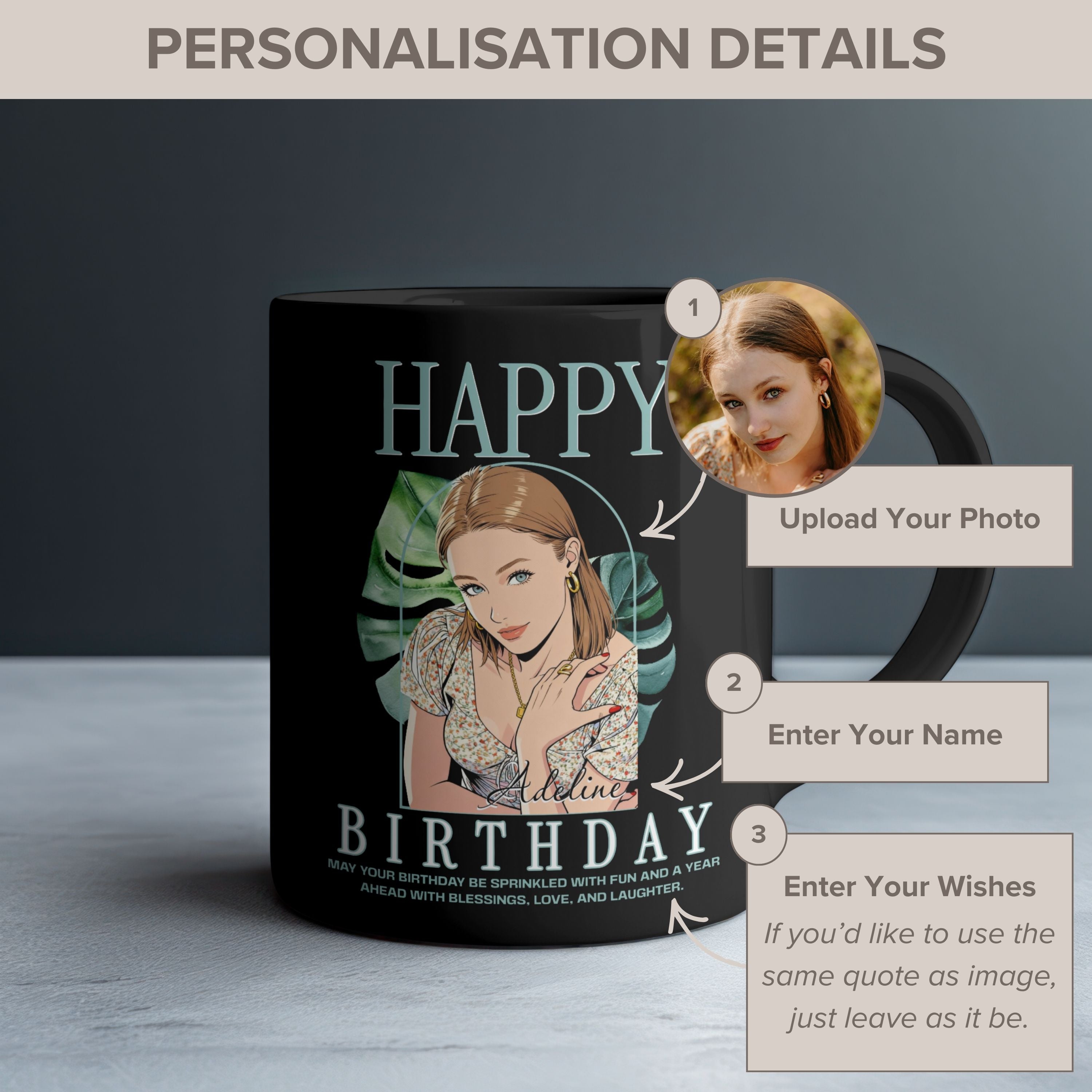 Happy Birthday Personalized Mug - Custom Cartoon Photo with Name & Message