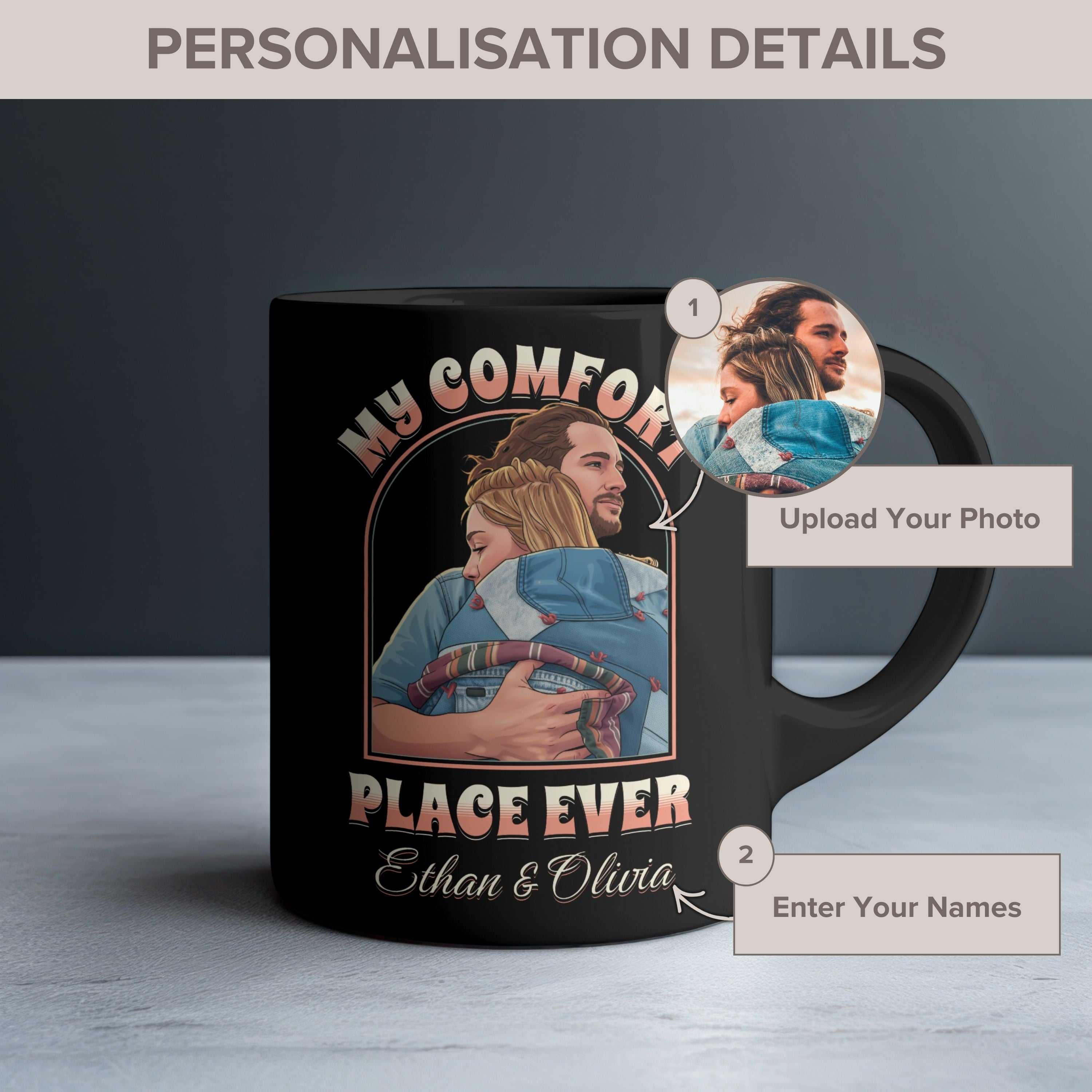 My Comfort Place Personalized Couple Mug - Custom Cartoon Photo with Names