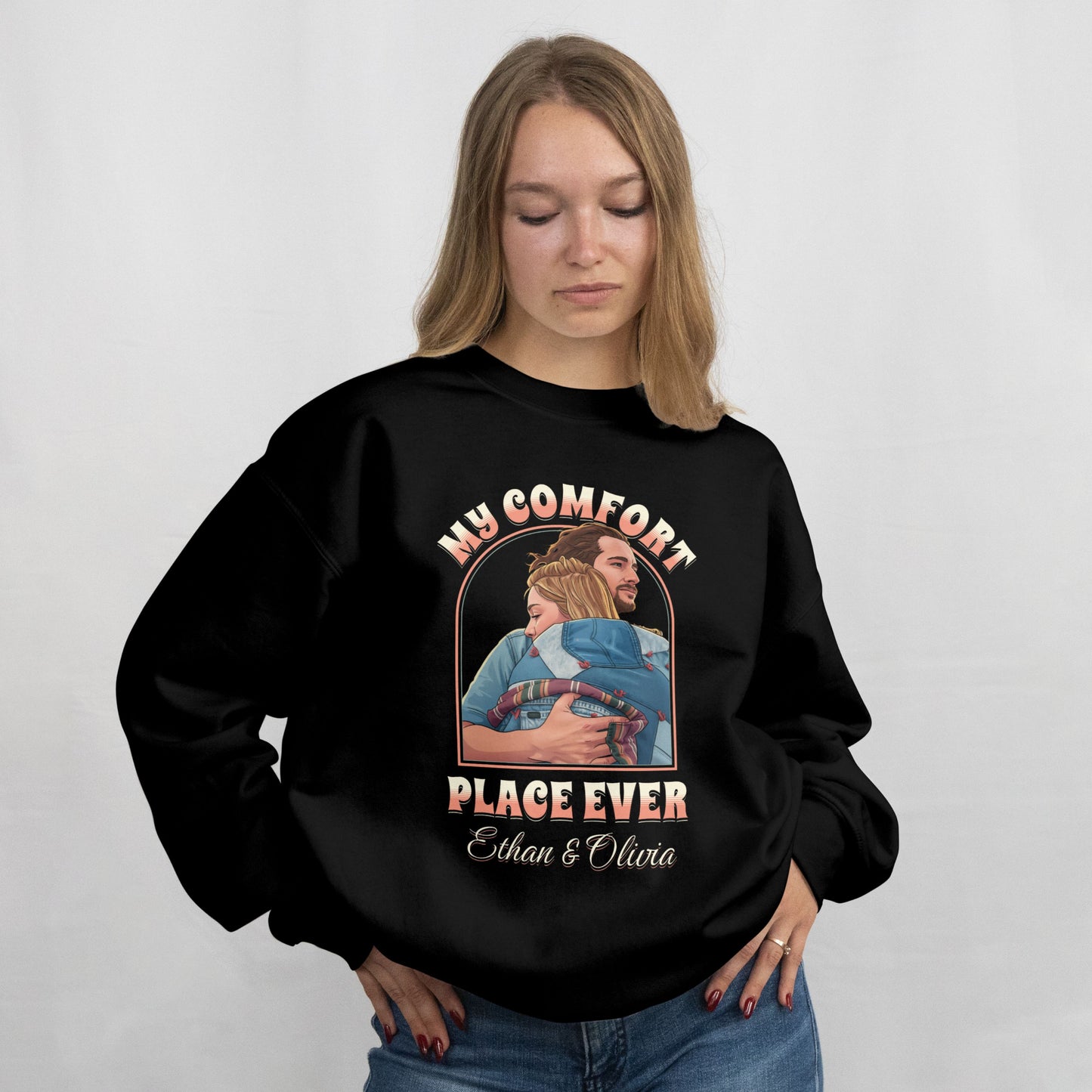 My Comfort Place Personalized Couple Sweatshirt - Custom Cartoon Photo Sweater