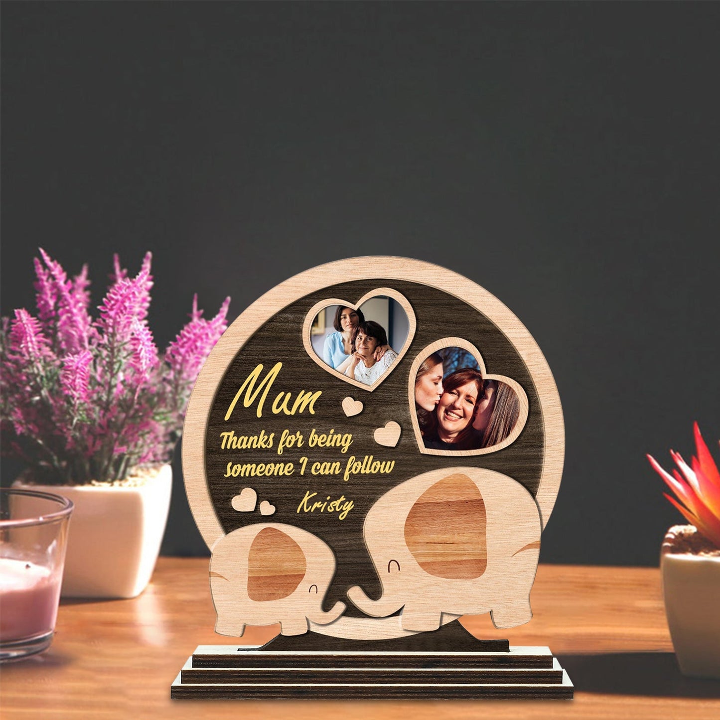 Wooden Custom Photo Ornament with Mother and Child Elephant DesignedbySiti