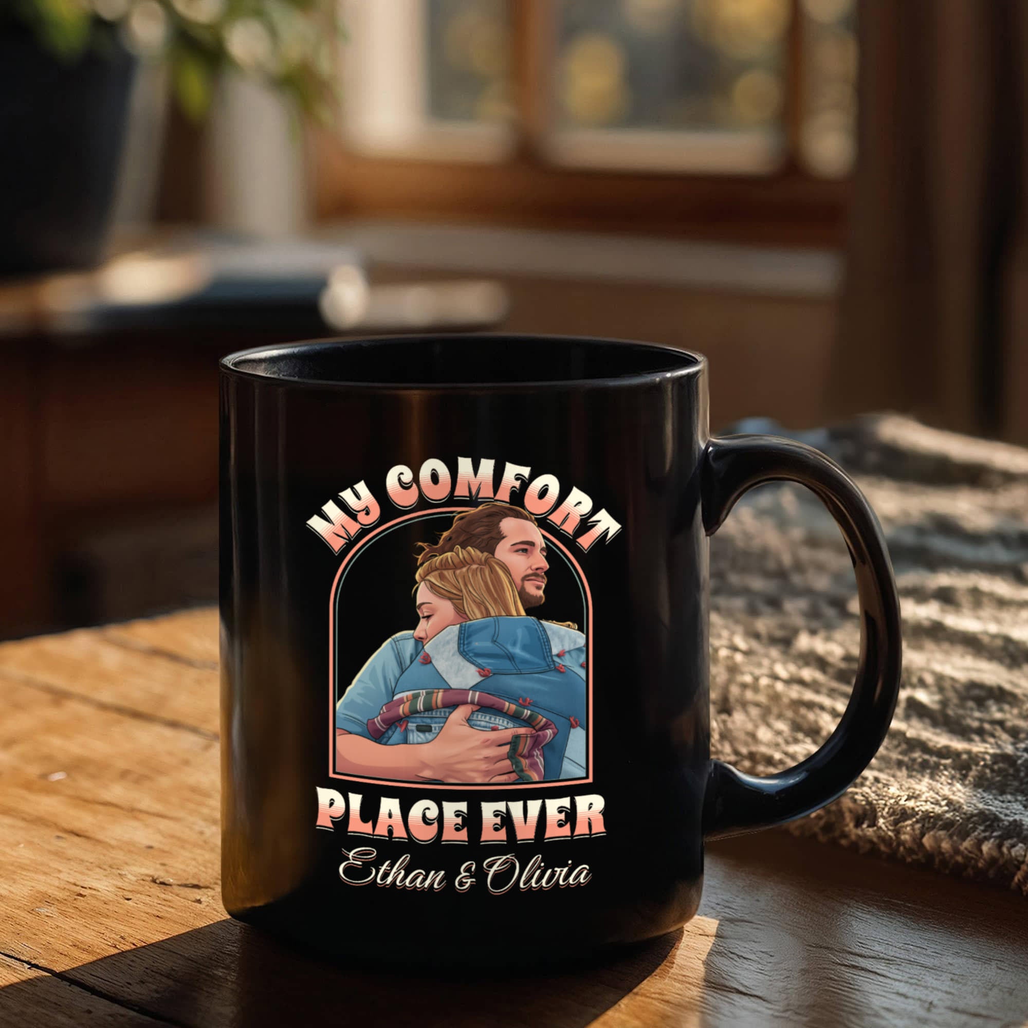 My Comfort Place Personalized Couple Mug - Custom Cartoon Photo with Names