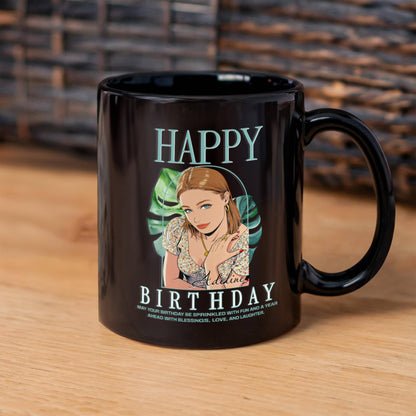 Happy Birthday Personalized Mug - Custom Cartoon Photo with Name & Message