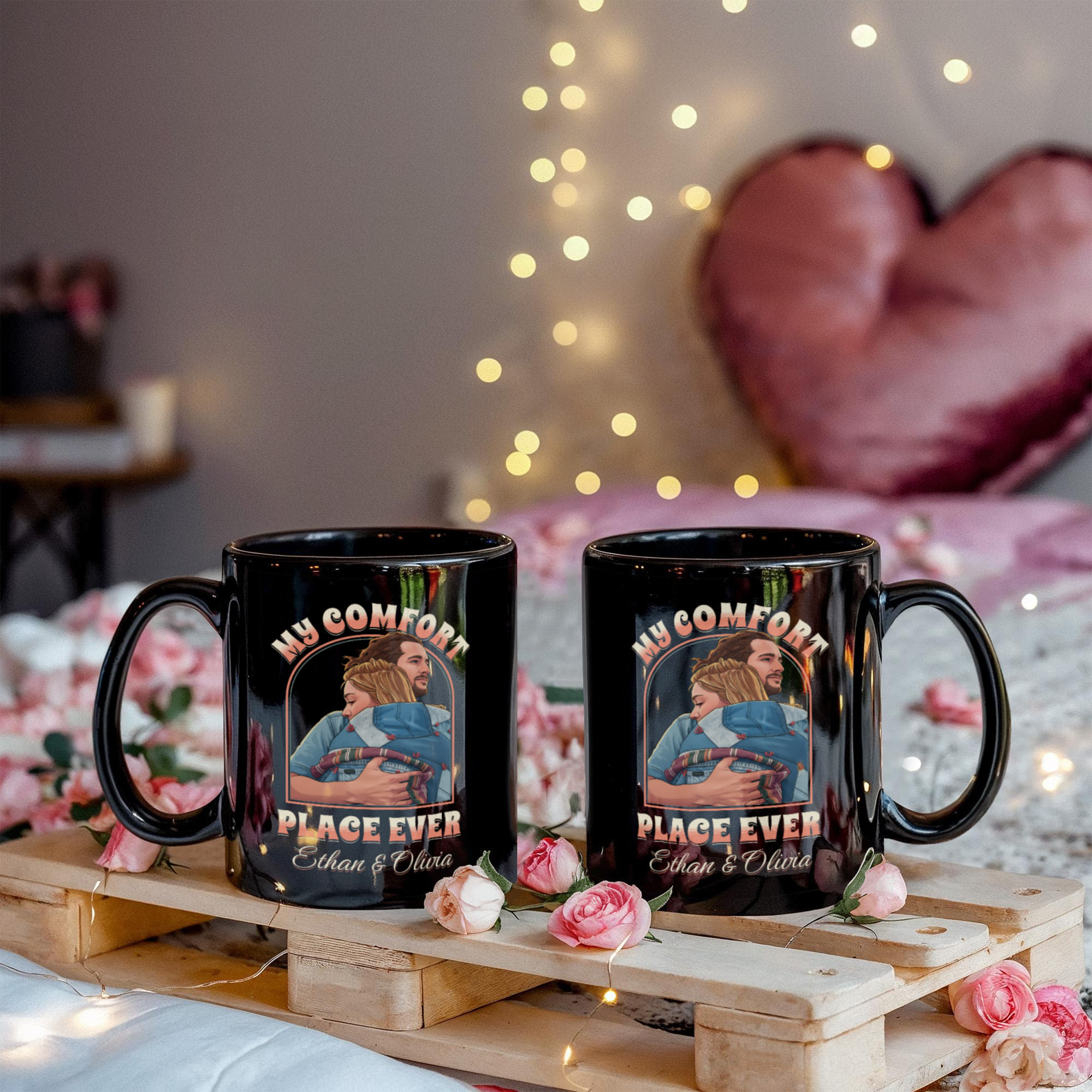My Comfort Place Personalized Couple Mug - Custom Cartoon Photo with Names