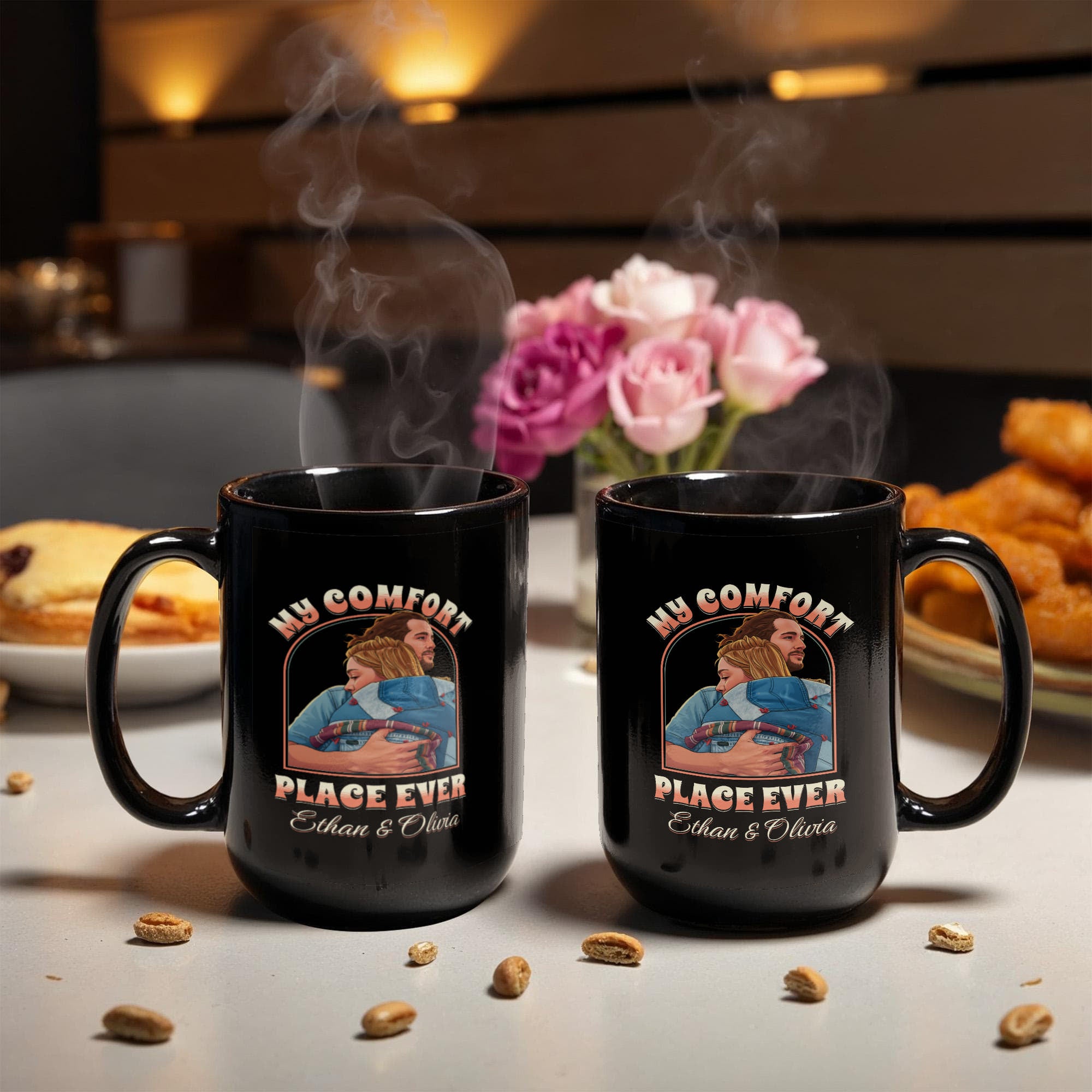 My Comfort Place Personalized Couple Mug - Custom Cartoon Photo with Names