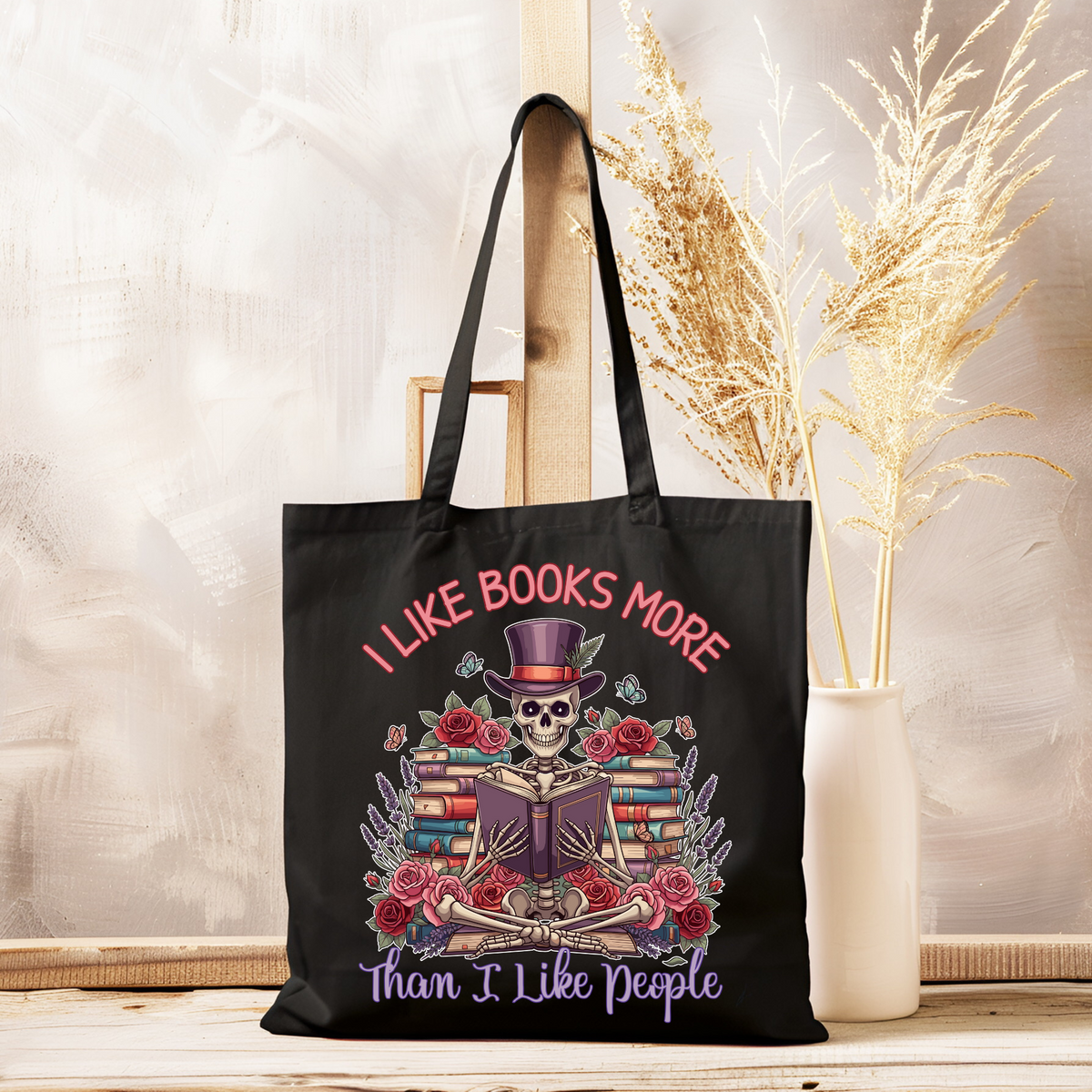 Book Lovers tote bag from a side angle