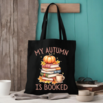 Bookish Canvas tote bag from a side angle