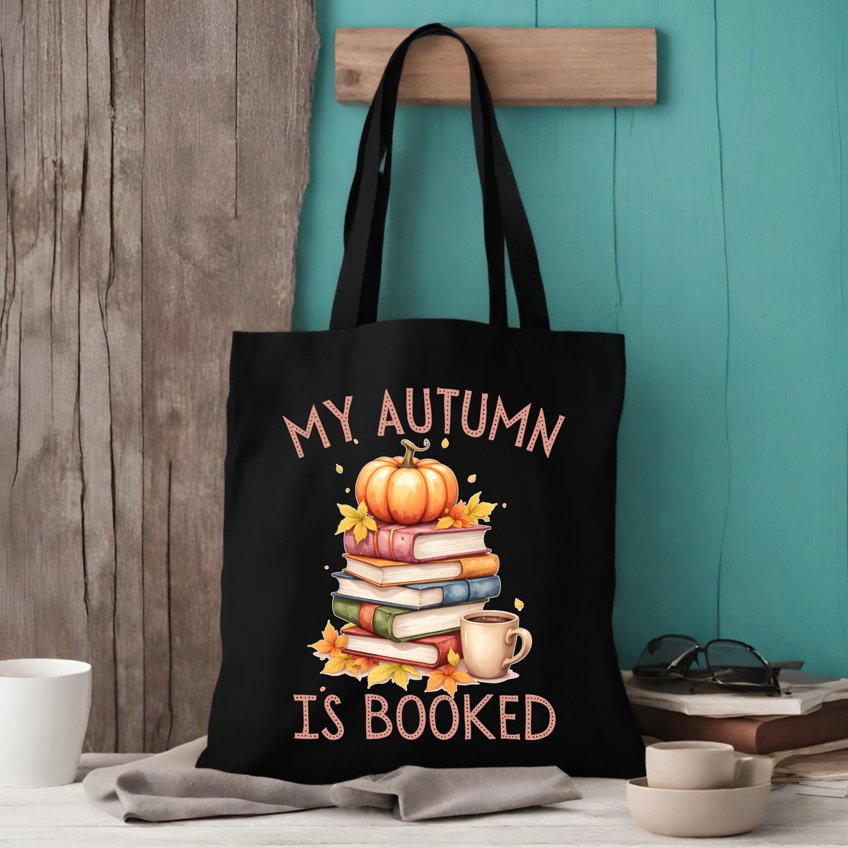 Bookish Canvas tote bag from a side angle