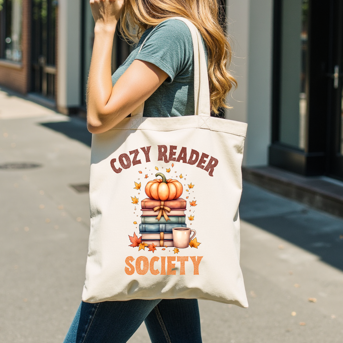 Cozy Reader Society Book tote bag styled as a flat lay