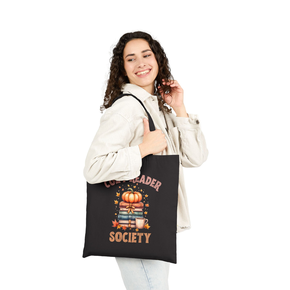 Cozy Reader Society Book tote bag carried by hand