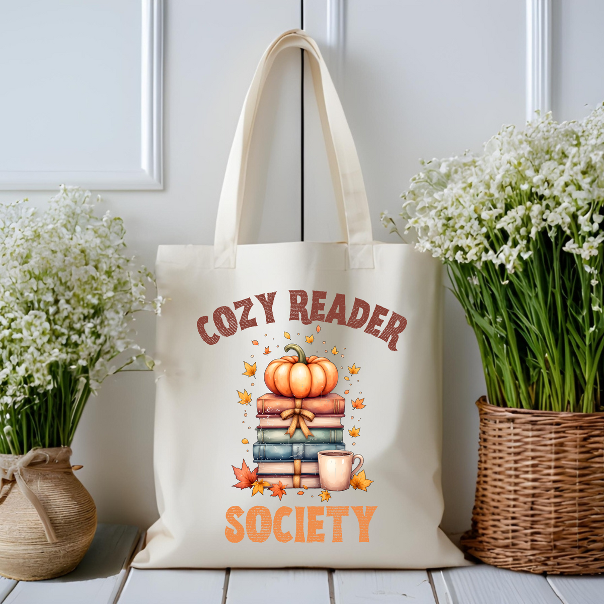 Cozy Reader Society Book tote bag from a side angle