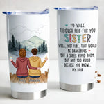 Custom 20oz insulated travel mug with three women illustration, names, and humorous sisterhood quote.