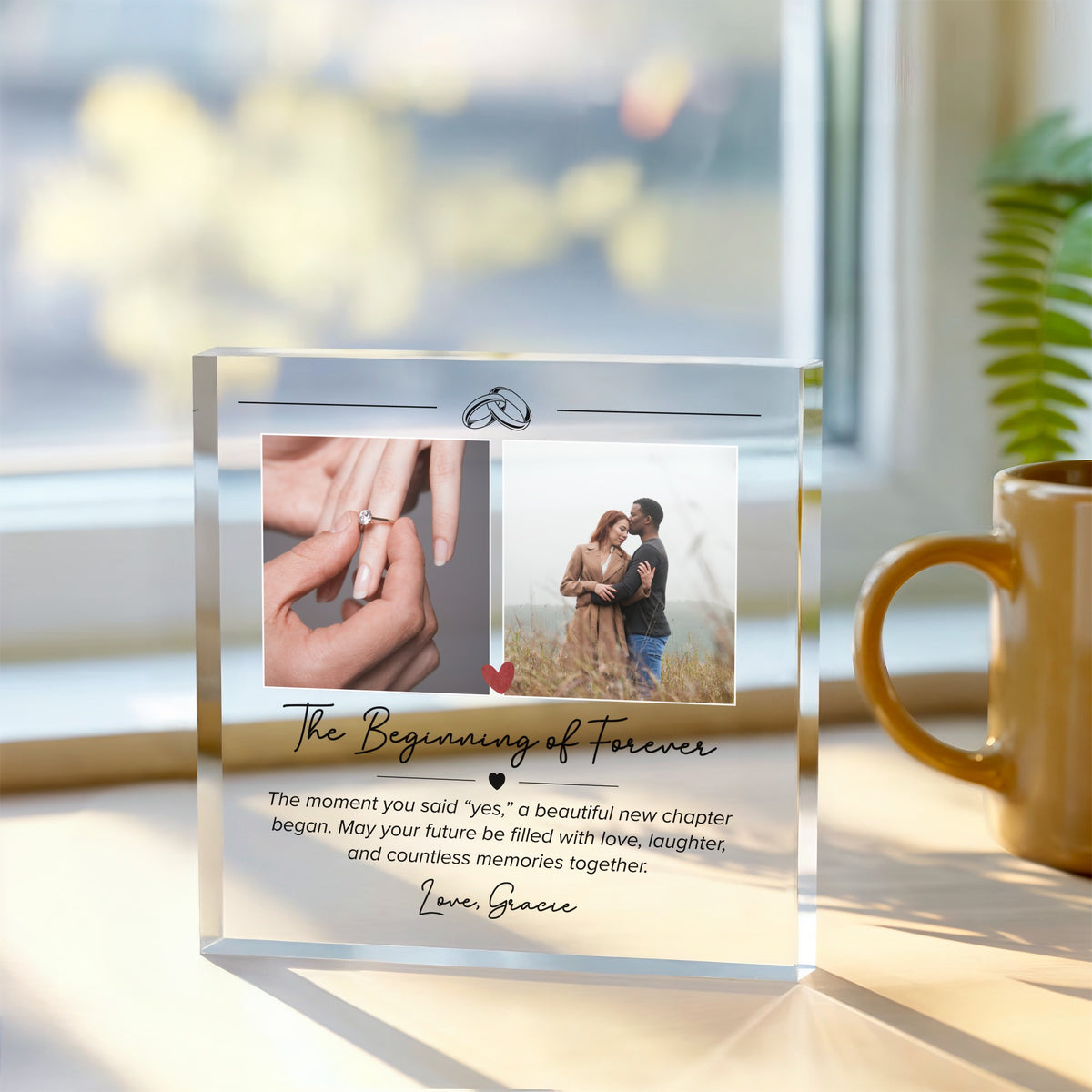 Custom Engagement Acrylic plaque, front view on white background