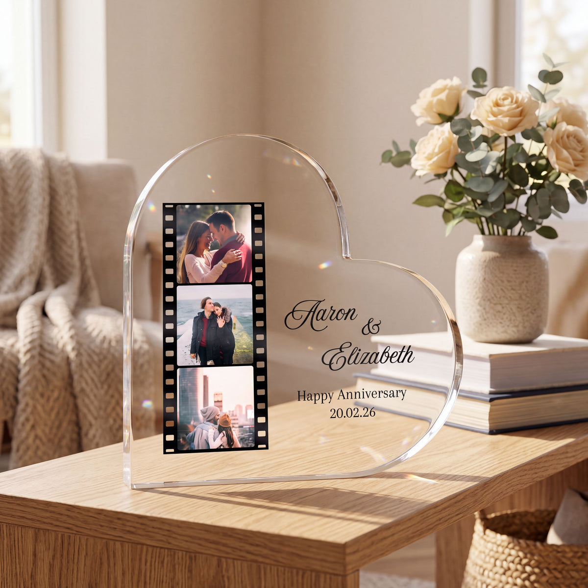 Custom Heart Acrylic Anniversary Couple plaque in close-up detail