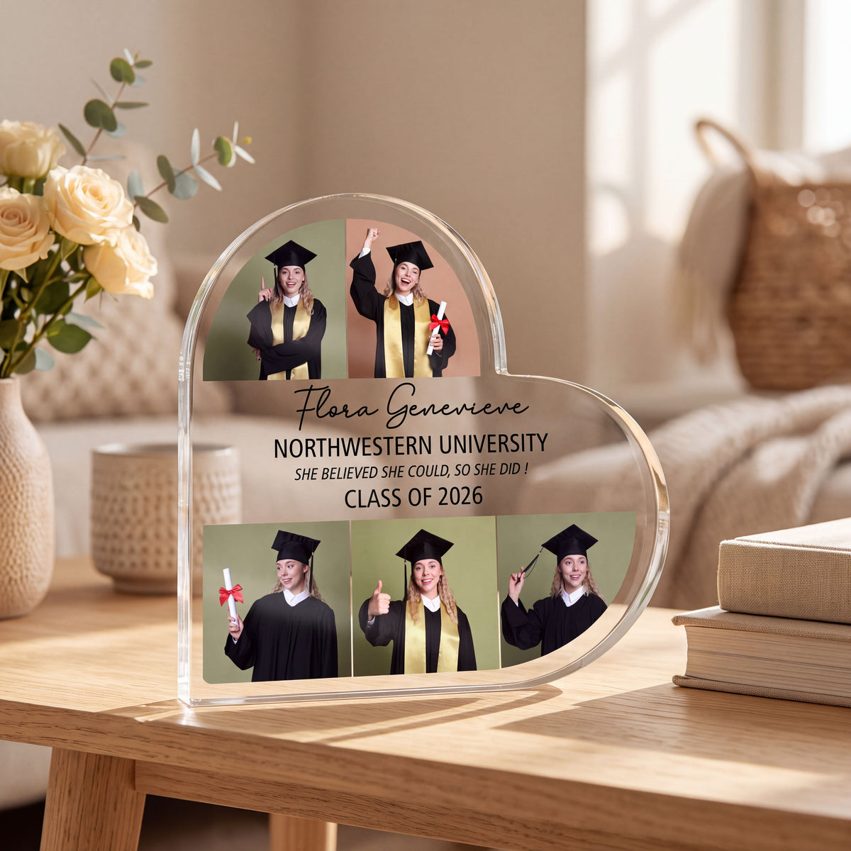 Custom Heart Acrylic Graduation Friend plaque held in hand
