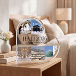 Custom Heart Acrylic Hajj Mubarak Family plaque in close-up detail